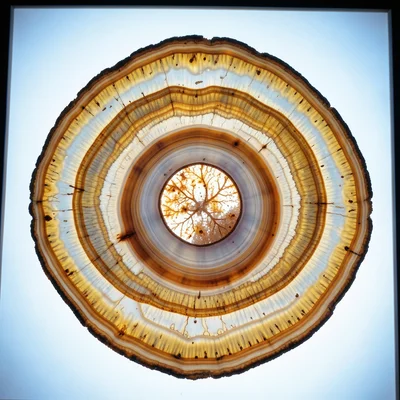 Petrified wood cross-section backlit, original cell structure visible in replace