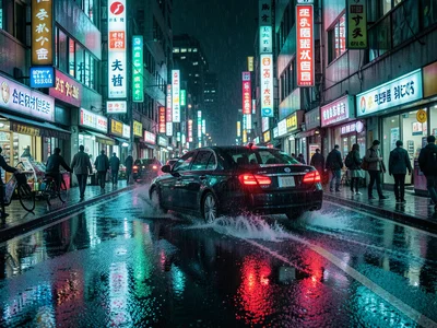 Rain-soaked Seoul nightlife street, every puddle a mirror of neon, a taxi splash