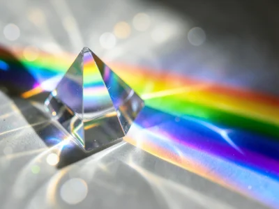 White light splitting through prism into full rainbow spectrum on wall