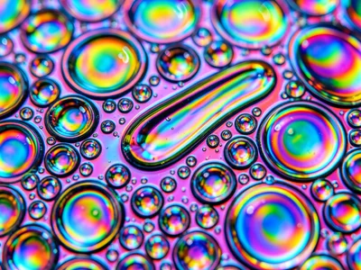 Oil dispersing on moving water, elongated bubbles stretching in current directio