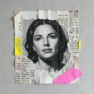 Cut-paper collage zine cover with torn newsprint, a halftone face, and masking t