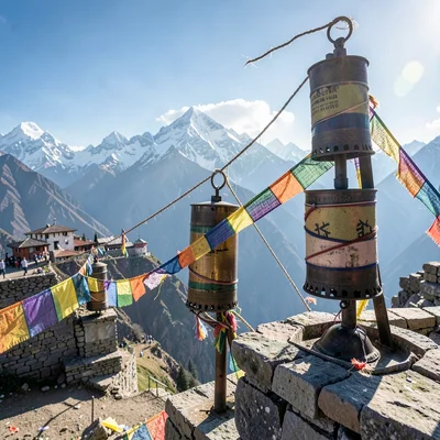 High altitude clarity of Kathmandu, Nepal, Prayer wheels spinning in mountain wi