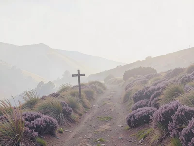 Bracken-flanked hill track with a wayside cross, far ridges pale, foreground hea