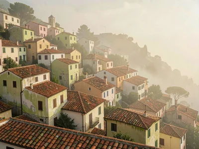 Soft-haze morning panorama of a tiered hill town, terracotta roofs reading as wa
