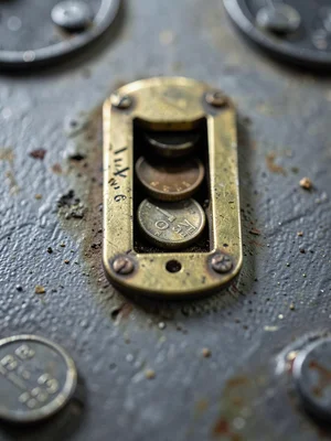 Parking meter coin slot, brass wear marks from decades of quarters