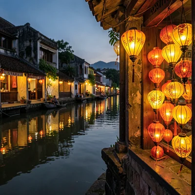 Hoi An lantern glow, silk amber on water, stack of unlit lanterns in shop corner