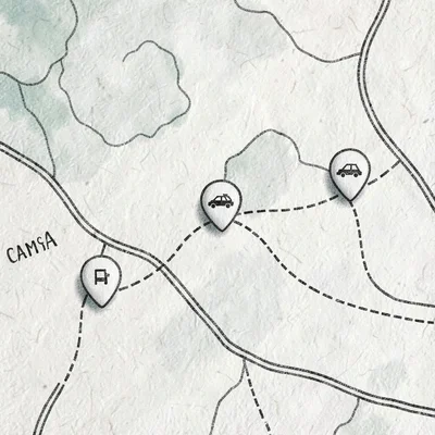 Soft route map of a multi-day road trip with three campsite pins and dashed conn