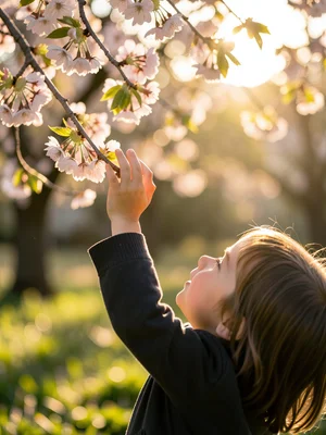 Child reaching up to touch low-hanging cherry blossom branch, backlit morning li
