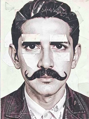 Portrait with magazine cutout eyes and drawn-on mustache, mixed media collage st