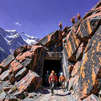 High altitude photograph, thin mountain air, Miners entering a mountain, their h