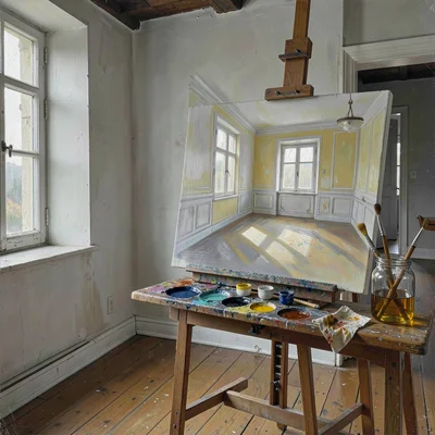 Oil painting of an interior, muted palette, the tradition of Northern European i