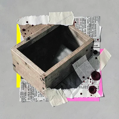 Layered collage of a desk drawer half-pulled open with halftone darkness inside,