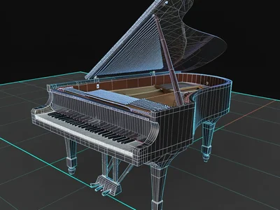 A grand piano shown in wireframe, lid open, strings visible as parallel edge lin