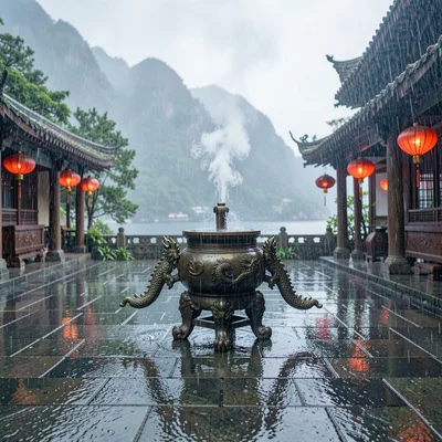 Jiufen rain beauty, wet mountain coastal, Temple incense burner, smoke rising in