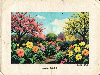 Spring garden scene in three-color riso, registration slightly offset, seed pack