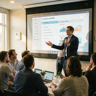 Documentary photograph, Founder presenting pitch deck on large screen, small aud