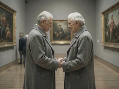Elderly couple holding hands in a museum, matching gray coats, looking at a pain