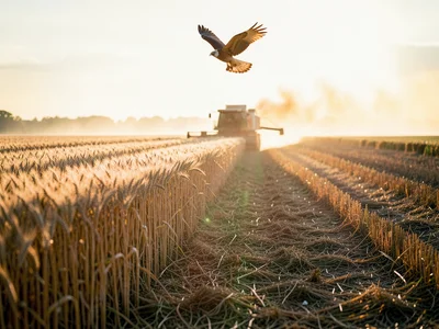 A wheat field at the exact moment of harvest — the combine harvester visible at 