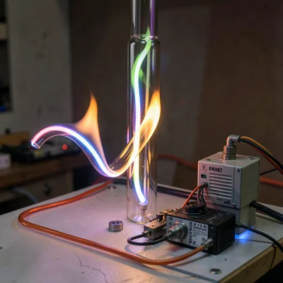 A ribbon burner flame strip with a glass tube suspended above it mid-bend