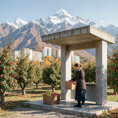 Tian Shan mountains behind Soviet Almaty, concrete bus stop in brutalist style, 