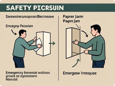 Emergency procedure for a paper jam, showing a calm figure opening panels in seq