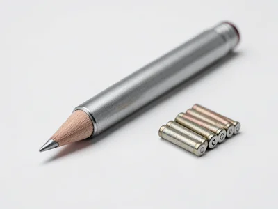 A mechanical pencil in brushed steel, the tip extended, beside a small stack of 