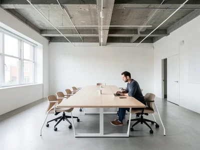 Person working from a bright co-working space, long communal wooden table, indus