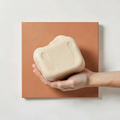 Block-color square of a hand cradling a stylized soap bar shape, warm cream and 