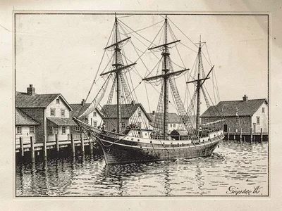 Scrimshaw harbor scene