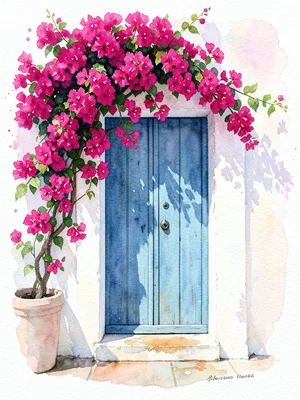 A Mediterranean doorway with bougainvillea, the magenta flowers in vivid quinacr