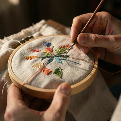 Embroidery hoop in hands, needle pulling colored thread through linen