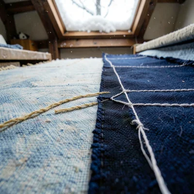 Documentary-style photograph, intimate and close, northern Japanese textile work
