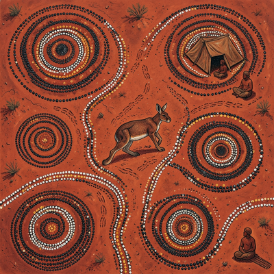 Aboriginal Australian dot painting aesthetic,. An aerial Western Desert Aboriginal dot painting of a kangaroo moving acr