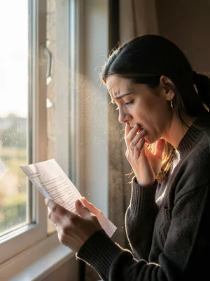A woman reading a letter by a tall window, her expression shifting from curiosit