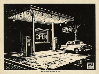 A roadside gas station at night — two pumps under a canopy of bare bulbs, a neon