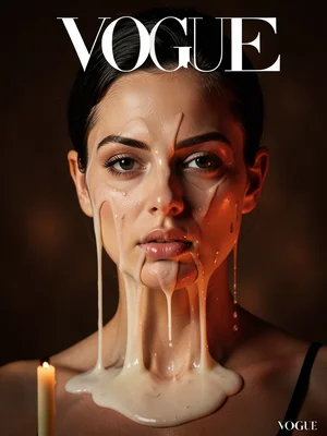 Wax face beginning to melt, features softening, candle-like, warm lighting