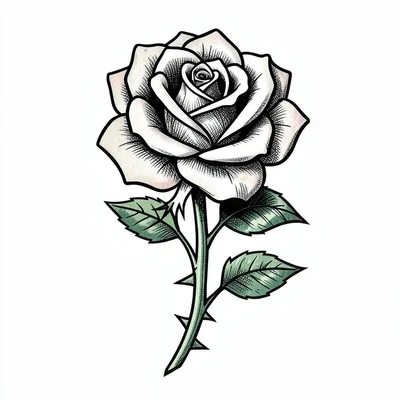 Traditional tattoo flash illustration, Classic rose with thorny stem, single blo