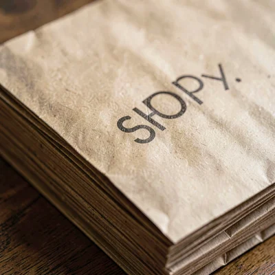 Paper-texture macro of a stack of brown paper bags with the shop's logo blanked