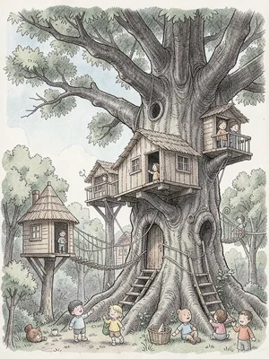 Treehouse village in giant oak