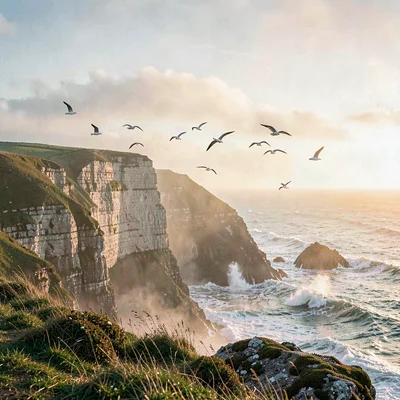 Atmospheric landscape spread of a chalk cliff at dawn, gulls wheeling above a fo