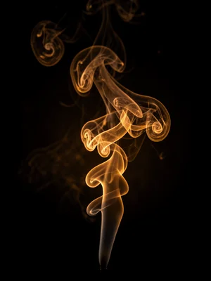 Incense smoke rising in perfectly still air, intricate spiral patterns, backlit 