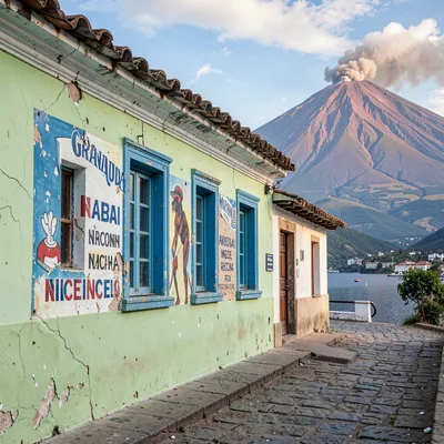 Colonial color against volcano in Granada, Nicaragua, A lime-green colonial faca