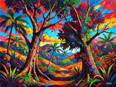 Nature scene with databend artifacts — trees fragmenting into color noise