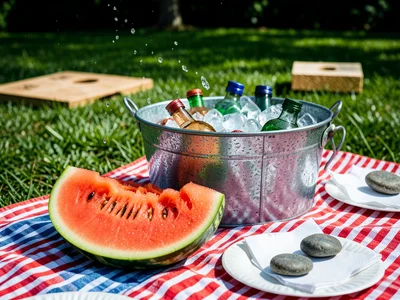 A watermelon sliced into wedges on a red-white-blue striped tablecloth at an out