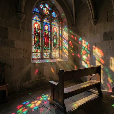 Light through a stained glass window falling on an empty wooden pew, the colored
