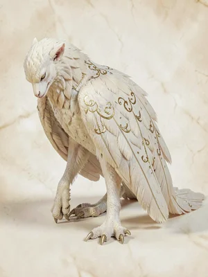 Ivory-feathered alkonost with cream chest-down and faint gold filigree along its