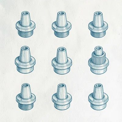 Detail study of a soft flask bite-valve in crisp ivory ink on cool cyan, multipl