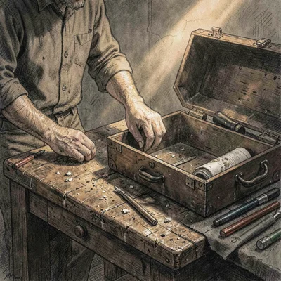 Joaquin-ramirez atmospheric hands-on photo of a worn workbench with an open tool