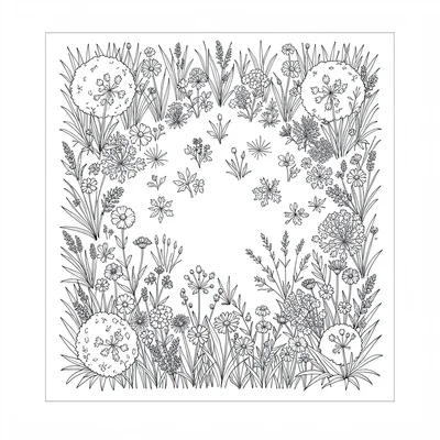 Top-down meadow plan blueprint of a wildflower zone within a larger garden, hair