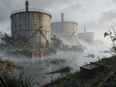 Tank farm on a foggy morning with circular tank tops floating above a sea of low